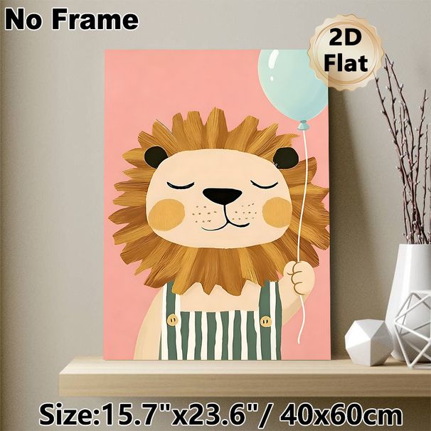 Cartoon Lion Painting Poster, Cute Pastel-toned Cartoon Style Poster, Cheerful Lion In Overalls Holding Balloon, Ideal For Bedroom And Living Room_maomaolike.com