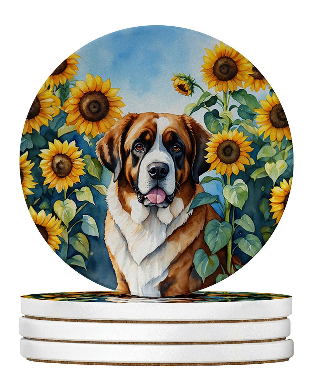 Saint Bernard In Sunflowers Large Sandstone Coasters Pack Of 4 Absorbent Round Coasters Decor Gifts For Men Or Women, 4 In, Multicolor_maomaolike.com