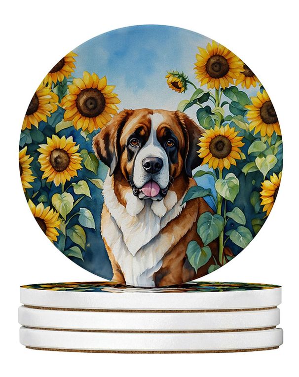 Saint Bernard In Sunflowers Large Sandstone Coasters Pack Of 4 Absorbent Round Coasters Decor Gifts For Men Or Women, 4 In, Multicolor_maomaolike.com