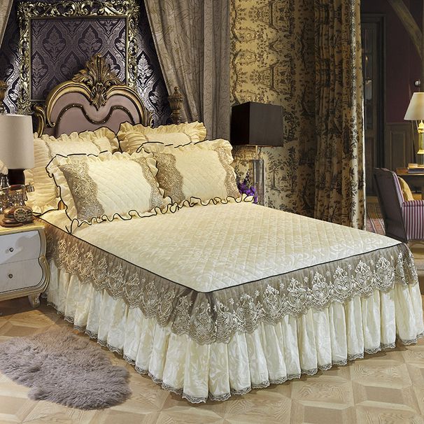 Korean Version Quilted Skirt Solid Color European Style Lace Thickened Bed Cover Crystal Velvet Mattress Non-Slip Bedspread_maomaolike.com