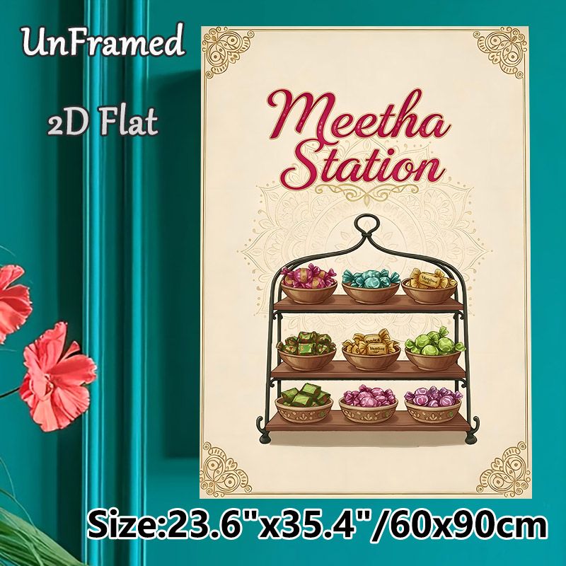 Meetha Station Painting Poster, Vintage-style Ornate Framed Colorful Indian Sweet Display Poster, Brings Warm Festive Vibe, Ideal For Restaurant_maomaolike.com