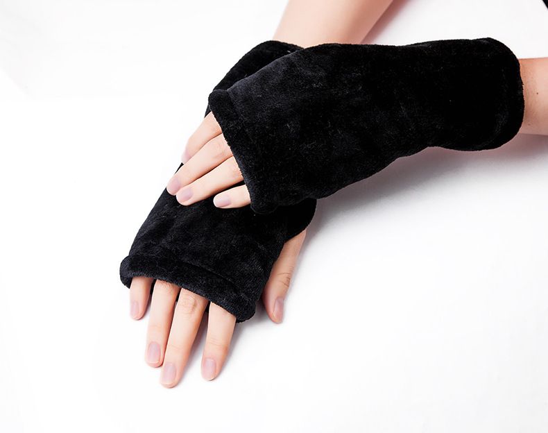 Unisex Thickened flannel half-finger gloves leopard print solid black gloves for men and women_maomaolike.com