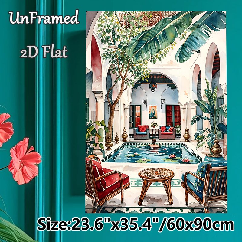 Moroccan Courtyard Pool Painting Poster, Vibrant Watercolor Exotic Patio Scene Poster, Serene Tropical-inspired Decor Brings Tranquil Ambiance Ideal_maomaolike.com