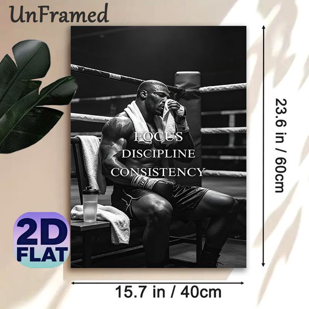 Boxing Motivational Painting Poster, Monochrome Gritty Boxer Resting In Ring Poster, Inspiring Focus, Discipline, Consistency Quotes Ideal For Gym_maomaolike.com