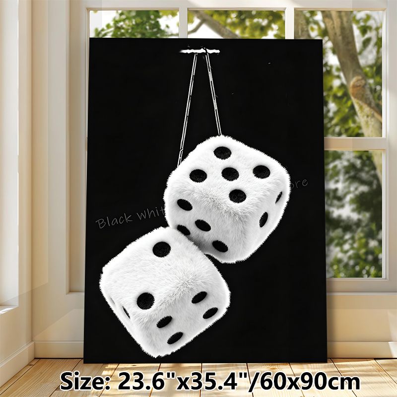 Fuzzy Dice Painting Poster, Monochrome Retro Hanging Fluffy Dice Poster, Nostalgic Stylish Decor Ideal For Home, Game Room, Garage_maomaolike.com