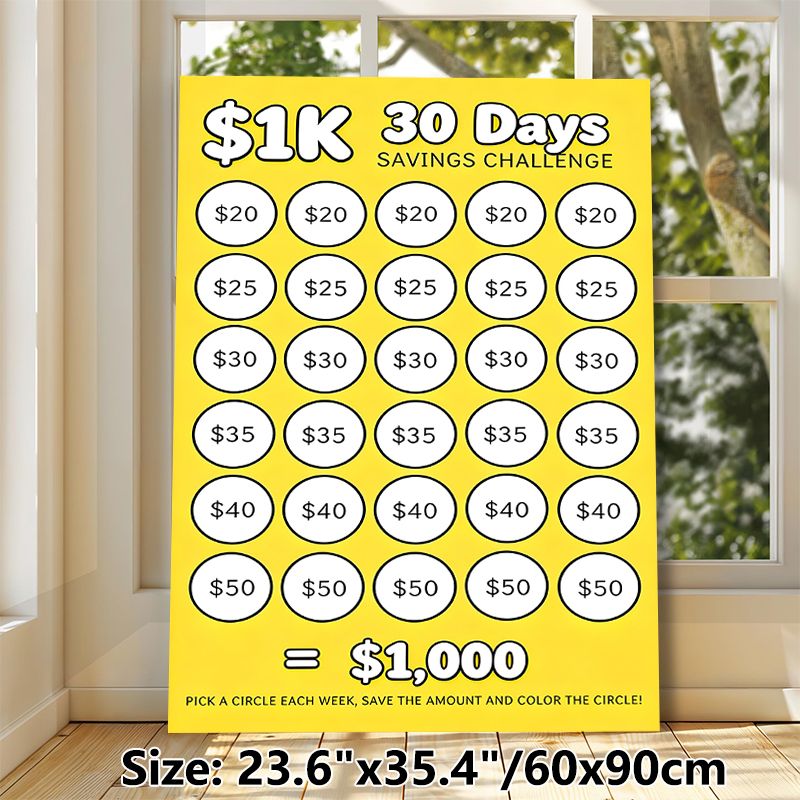 $1K 30 Days Savings Challenge Painting Poster, Bright Yellow Clear Layout Poster, Practical Saving Tracker To Develop Regular Saving Habits For Home_maomaolike.com