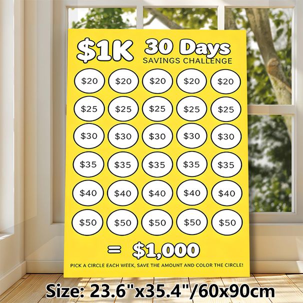 $1K 30 Days Savings Challenge Painting Poster, Bright Yellow Clear Layout Poster, Practical Saving Tracker To Develop Regular Saving Habits For Home_maomaolike.com