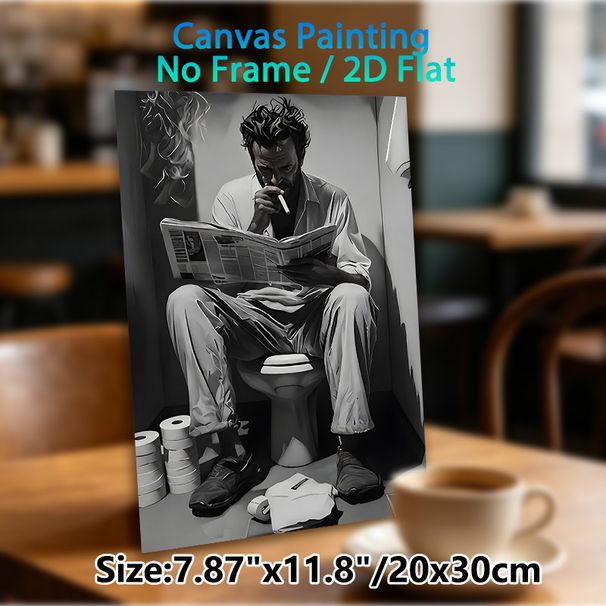 Man On Toilet Reading Newspaper Painting Poster, Monochrome Realistic Scene Poster, Witty Relatable Design Ideal For Bathroom Decor_maomaolike.com