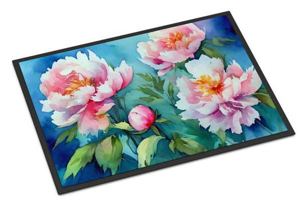 Peonies In Watercolor Doormat Front Door Mat Indoor Outdoor Rugs For Entryway, Non Slip Washable Low Pile, 24H X 36W_maomaolike.com
