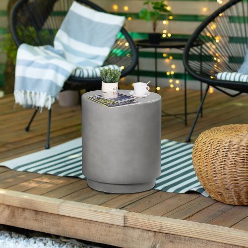 Round Side Table, Lightweight Accent Table With Concrete Finish, Nightstand With 4 Adjustable Feet For Indoor, Outdoor, Light Grey_maomaolike.com