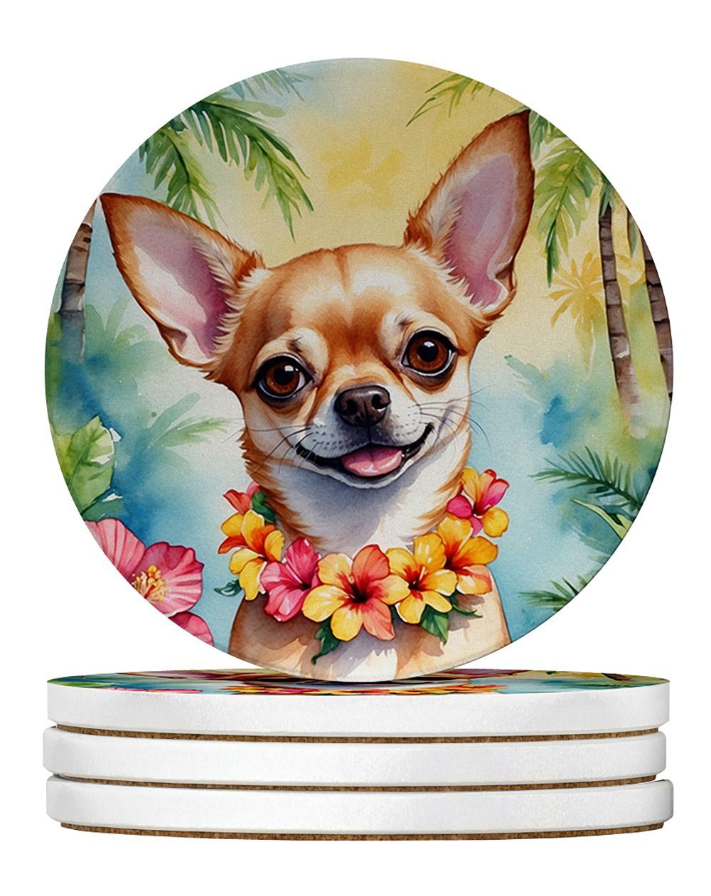Chihuahua Luau Large Sandstone Coasters Pack Of 4 Absorbent Round Coasters Decor Gifts For Men Or Women, 4 In, Multicolor_maomaolike.com