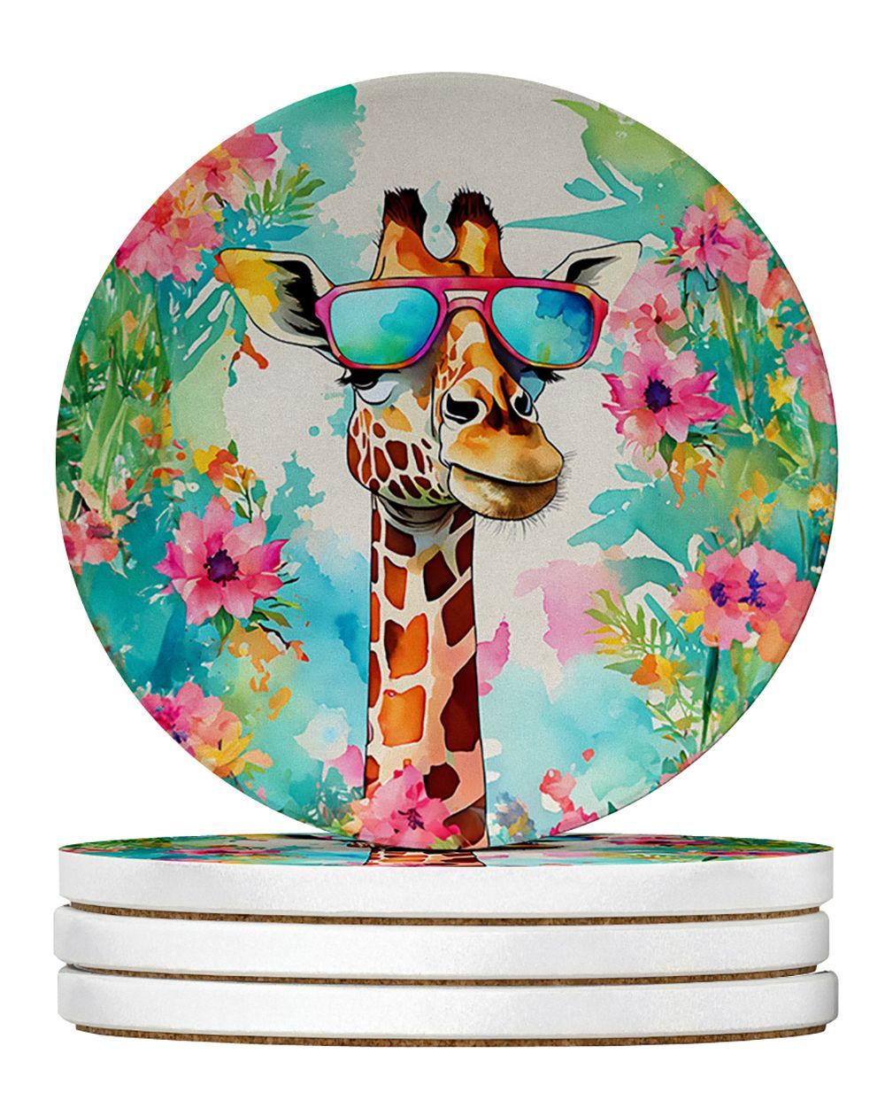 Hippie Animal Giraffe Large Sandstone Coasters Pack Of 4 Absorbent Round Coasters Decor Gifts For Men Or Women, 4 In, Multicolor_maomaolike.com