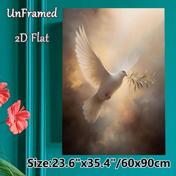 Peace Dove Painting Poster, Soft-toned Realistic Flying Dove With Olive Branch Poster, Serene Tranquil Artwork To Bring Calm Atmosphere, Ideal For_maomaolike.com