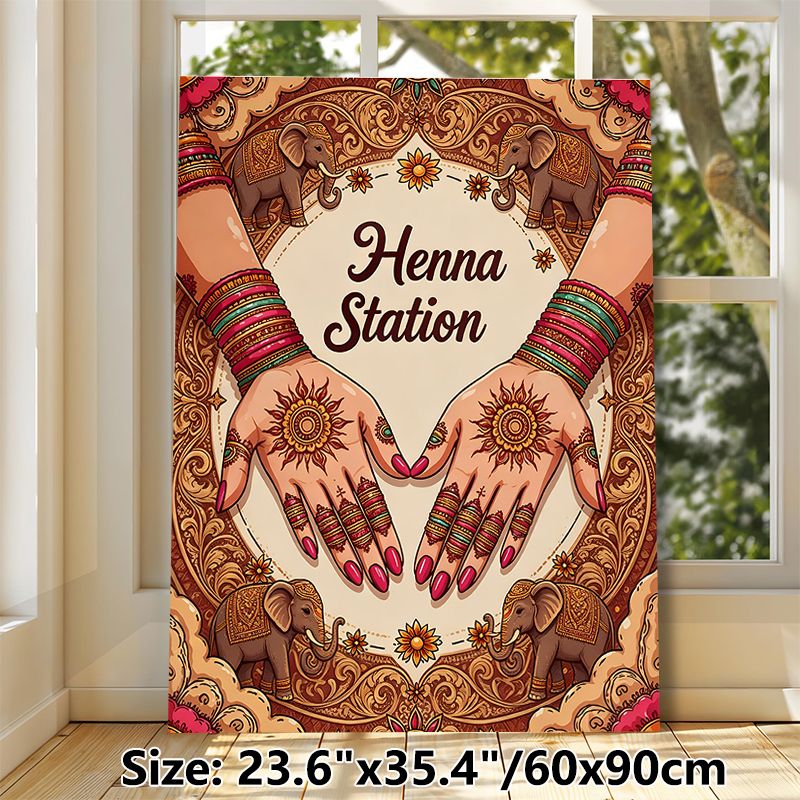 Henna Station Themed Painting Poster, Ornate Ethnic Style Poster, Rich Cultural Design Featuring Henna-decorated Hands And Adorned Elephants, Ideal_maomaolike.com
