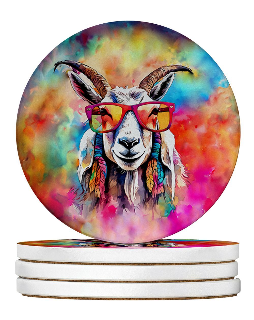 Hippie Animal Goat Large Sandstone Coasters Pack Of 4 Absorbent Round Coasters Decor Gifts For Men Or Women, 4 In, Multicolor_maomaolike.com