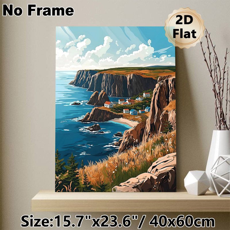 Coastal Cliff Village Painting Poster, Vibrant Stylized Coastal Cliff & Seaside Village Scene Poster, Serene Coastal Vibe Ideal For Living Room_maomaolike.com