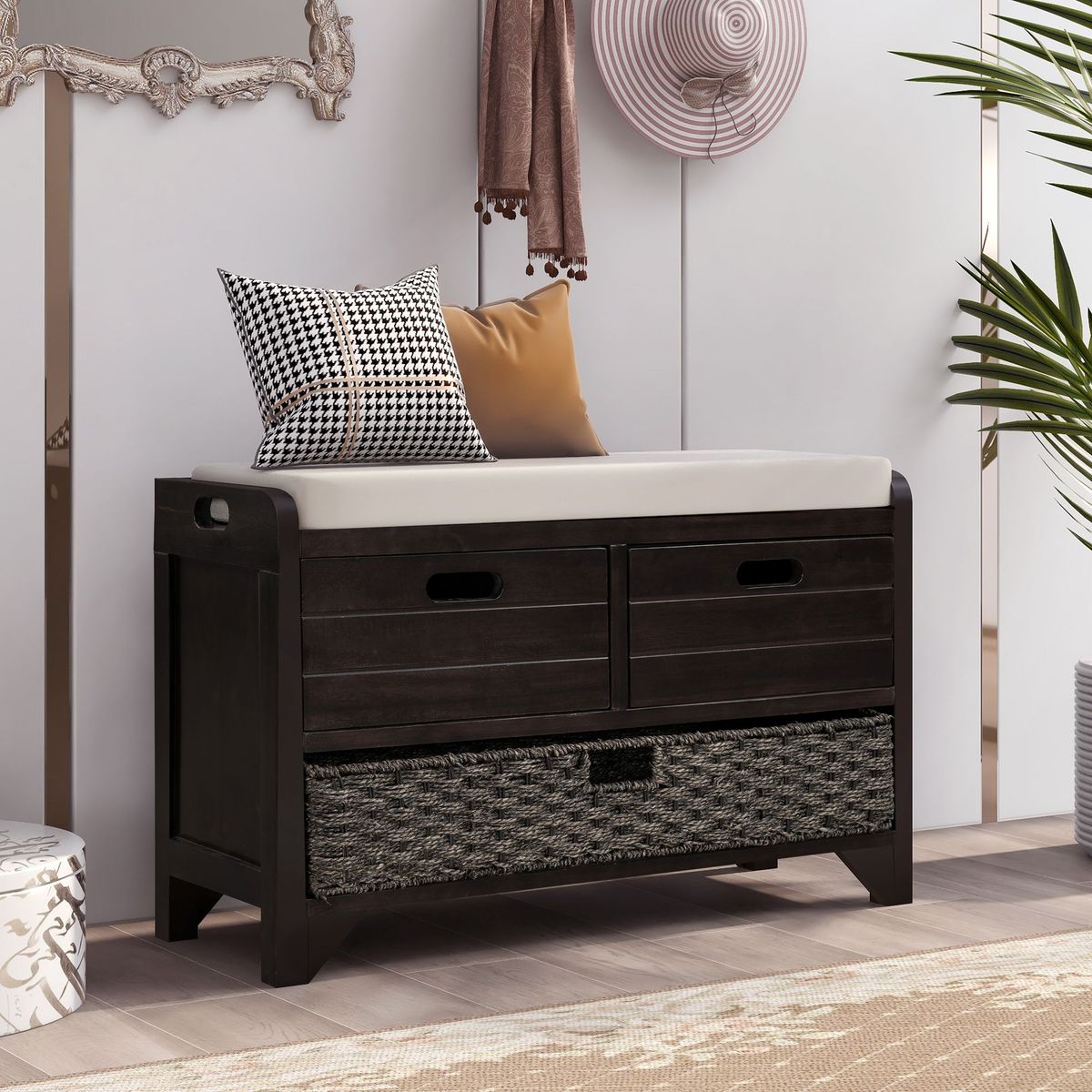Storage Bench With Removable Basket And 2 Drawers,Fully Assembled Shoe Bench With Removable Cushion_maomaolike.com