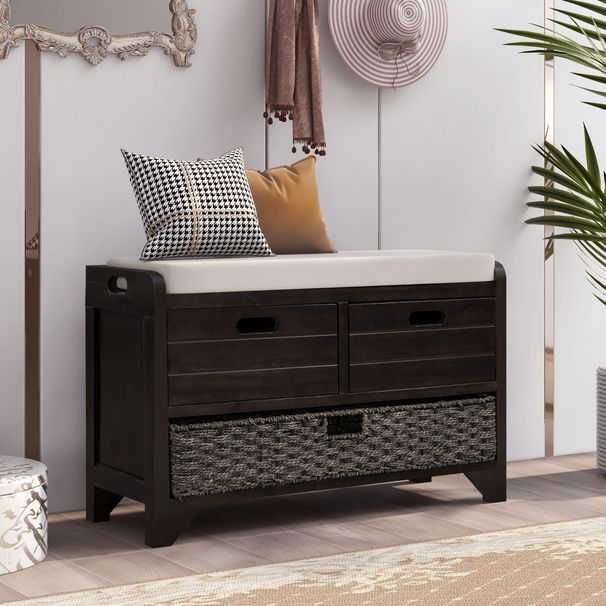 Storage Bench With Removable Basket And 2 Drawers,Fully Assembled Shoe Bench With Removable Cushion_maomaolike.com