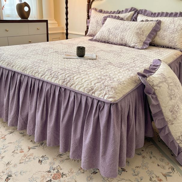 Class A Cloud Feel Washed Cotton Quilted Skirt Wrinkled Gauze Lace Cover Bed Set Non-Slip Three-Piece Mattress Protector_maomaolike.com