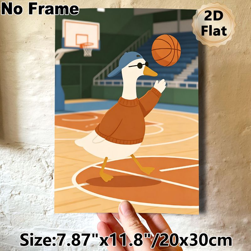 Basketball Duck Painting Poster, Cute Cartoon Style Poster, Vibrant Playful Design With A Cool Duck Playing Basketball On Court, Ideal For Game Room_maomaolike.com