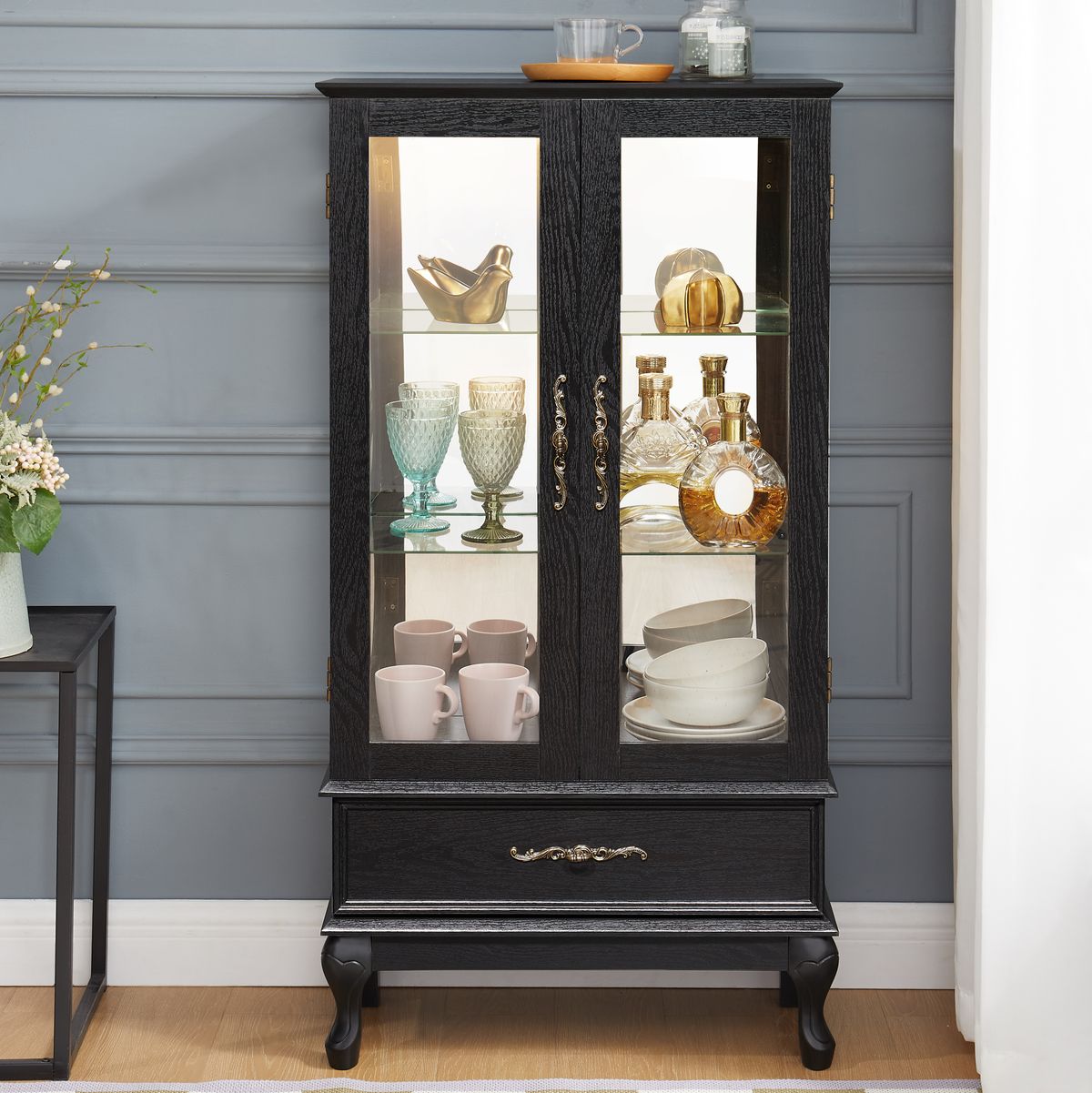 Lighted Curio Cabinet With Glass Doors And Adjustable Shelves 2 Door Wine Cabinet Display Curio Cabinet With LED Lights Light Black Finish And Drawer For Home Decor And Storage_maomaolike.com