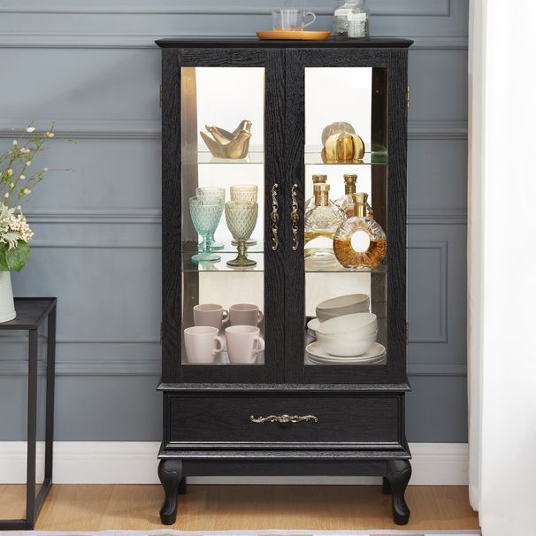Lighted Curio Cabinet With Glass Doors And Adjustable Shelves 2 Door Wine Cabinet Display Curio Cabinet With LED Lights Light Black Finish And Drawer For Home Decor And Storage_maomaolike.com