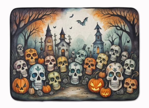 Calaveras Sugar Skulls Spooky Halloween Memory Foam Kitchen Mat Machine Washable Anti-Fatigue Mat Cushion Comfort Bath Mat Or Kitchen Rug_maomaolike.com