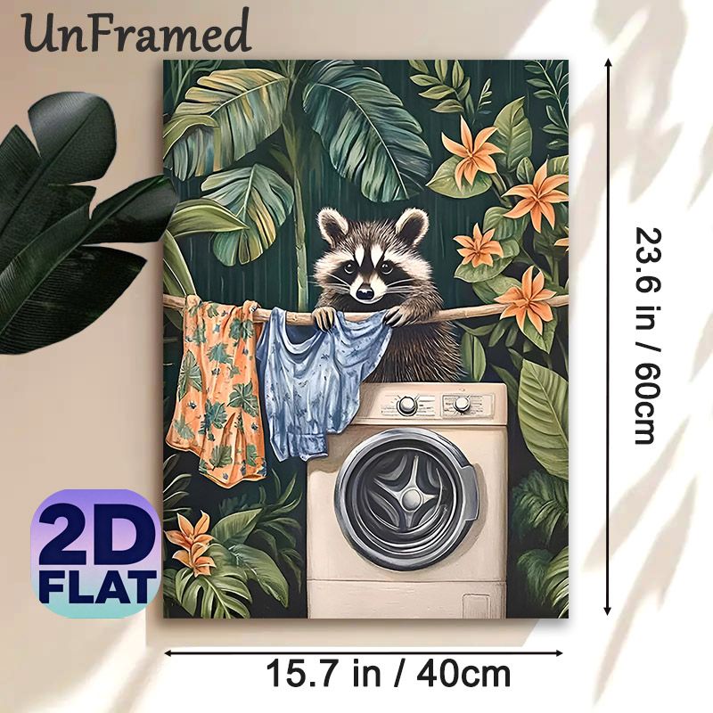 Tropical Raccoon Laundry Painting Poster, Whimsical Vivid Jungle Scene Poster, Charming Playful Decor Ideal For Laundry Room, Cozy Living Area_maomaolike.com
