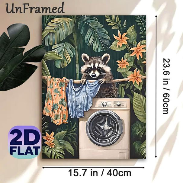 Tropical Raccoon Laundry Painting Poster, Whimsical Vivid Jungle Scene Poster, Charming Playful Decor Ideal For Laundry Room, Cozy Living Area_maomaolike.com