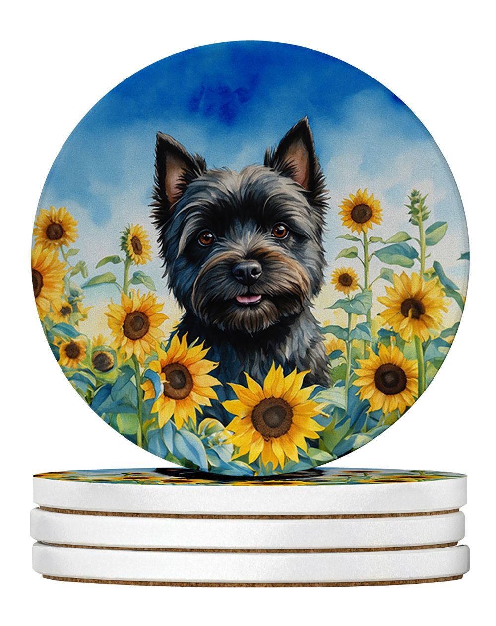 Cairn Terrier In Sunflowers Large Sandstone Coasters Pack Of 4 Absorbent Round Coasters Decor Gifts For Men Or Women, 4 In, Multicolor_maomaolike.com