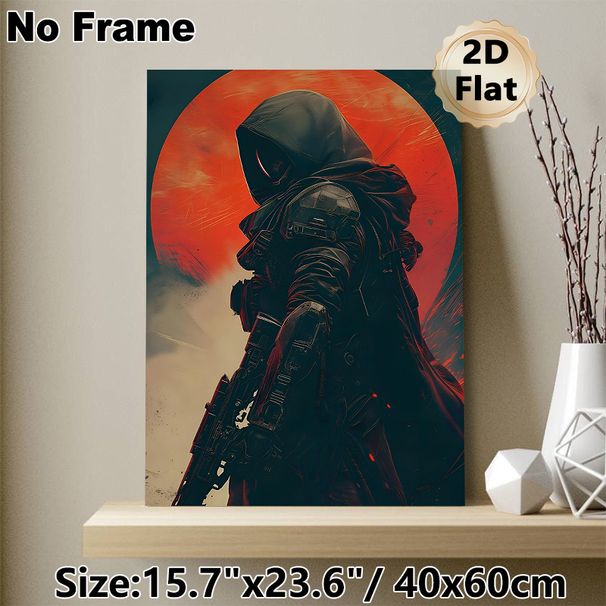 Cyberpunk Hooded Warrior Painting Poster, Dark Moody Textured Cyberpunk Poster, Striking Armored Figure With Weapon Against Fiery Red Circle, Ideal_maomaolike.com