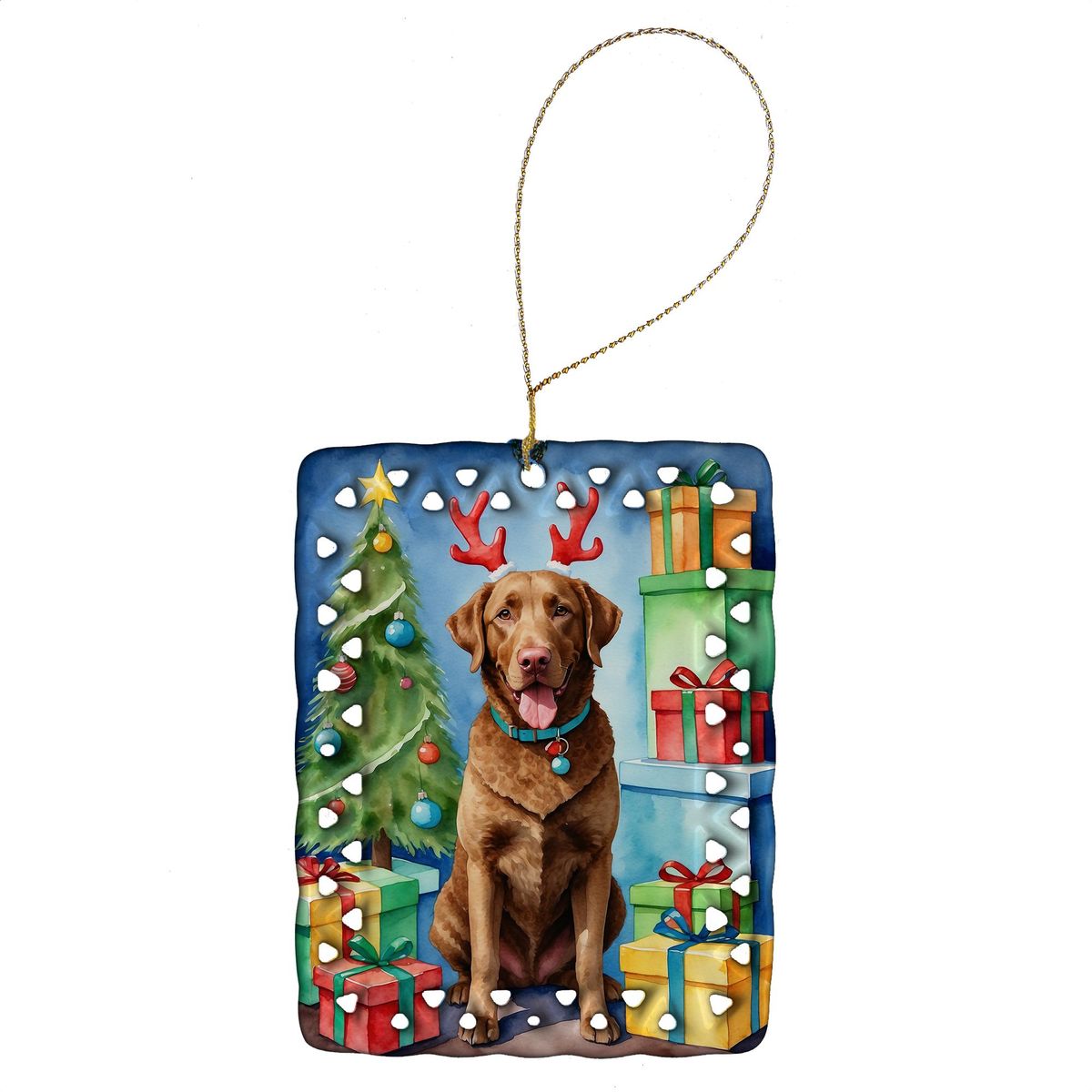 Chesapeake Bay Retriever Christmas Reindeer Porcelain Ornament Christmas Tree Hanging Decorations For Home Christmas Holiday, Rectangle, Gift, Multicolor_maomaolike.com