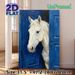 White Horse Painting Poster, Textured Impasto Style Poster, Artistic Rustic Design Featuring White Horse Peeking From Blue Door, Ideal For Living_maomaolike.com