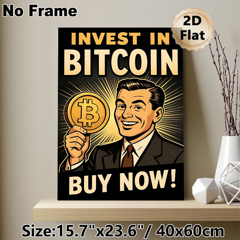 Bitcoin Investment Painting Poster, Vintage Retro Style Poster, Eye-catching Crypto-themed Design With Bold Text And Smiling Man Holding Bitcoin_maomaolike.com