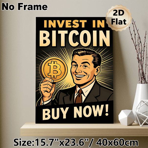 Bitcoin Investment Painting Poster, Vintage Retro Style Poster, Eye-catching Crypto-themed Design With Bold Text And Smiling Man Holding Bitcoin_maomaolike.com