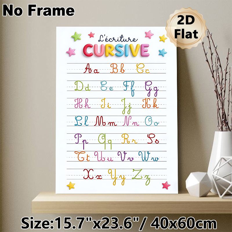 French Cursive Alphabet Painting Poster, Vibrant Colorful Star-adorned Cursive Chart Poster, Supports Cursive Writing Learning, Ideal For Study Areas_maomaolike.com