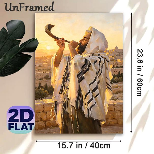 Shofar Themed Painting Poster, Warm-toned Realistic Oil-style Poster, Serene Spiritual Scene With Shofar Blower Against Golden Sunset Ancient City_maomaolike.com