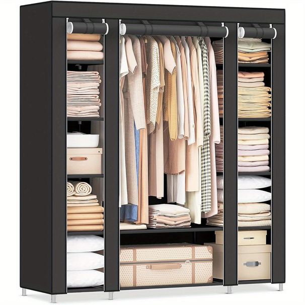 1pc Freestanding Clothes Rack With NonPortable Wardrobe Closet, -Woven Dust Cover, 12 Compartments Storage Organizer, 59 X 17.7 X 69 Inches, Black, For Bedroom And Home Organization_maomaolike.com