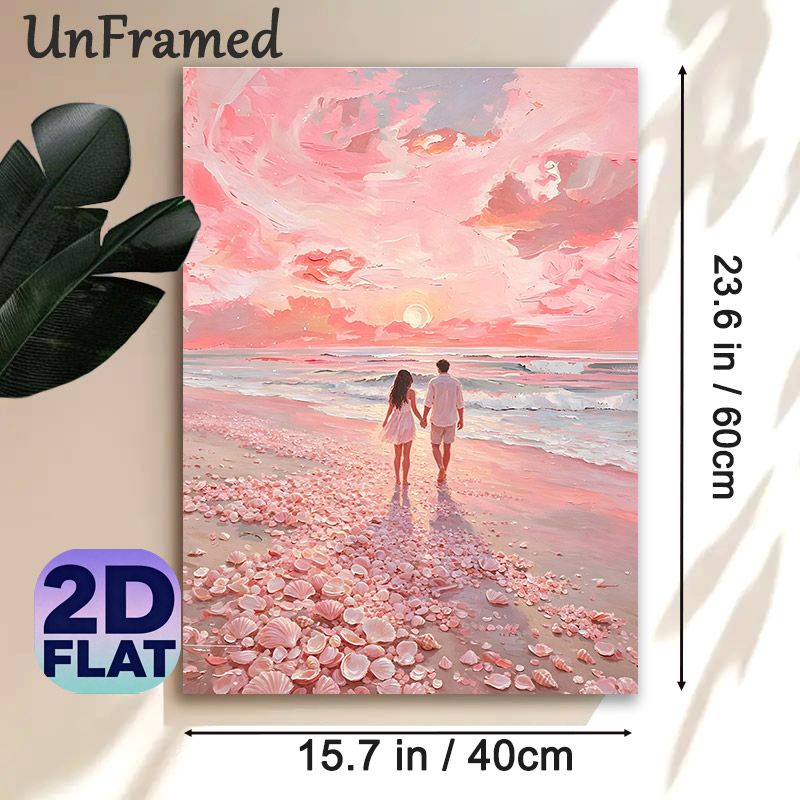 Couple Beach Sunset Painting Poster, Soft-hued Impressionist Poster, Romantic Scene Of Couple Walking On Shell-covered Pink Beach At Sunset, Ideal For_maomaolike.com