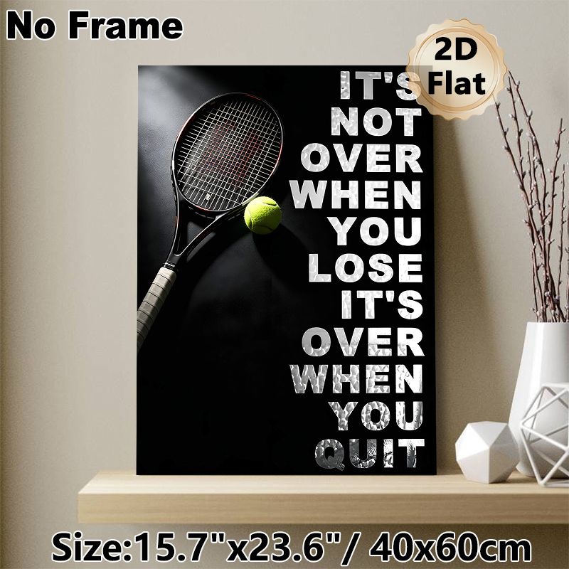 Tennis Motivational Quote Painting Poster, Sleek Dark-toned Tennis Racket & Ball Poster, Inspiring Encouraging Message Wall Decor For Gym, Sports_maomaolike.com