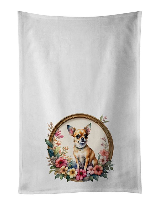 Chihuahua And Flowers Kitchen Towel Set Of 2 White Dish Towels Decorative Bathroom Hand Towel For Hand, Face, Hair, Yoga, Tea, Dishcloth, 19 X 28", White_maomaolike.com
