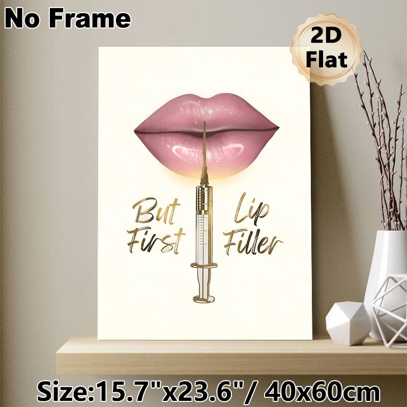 Lip Filler Themed Painting Poster, Glamorous Glossy Pink Lips & Gold Syringe Poster, Stylish Makeup-inspired Decor Suitable For Beauty Salon, Bedroom_maomaolike.com