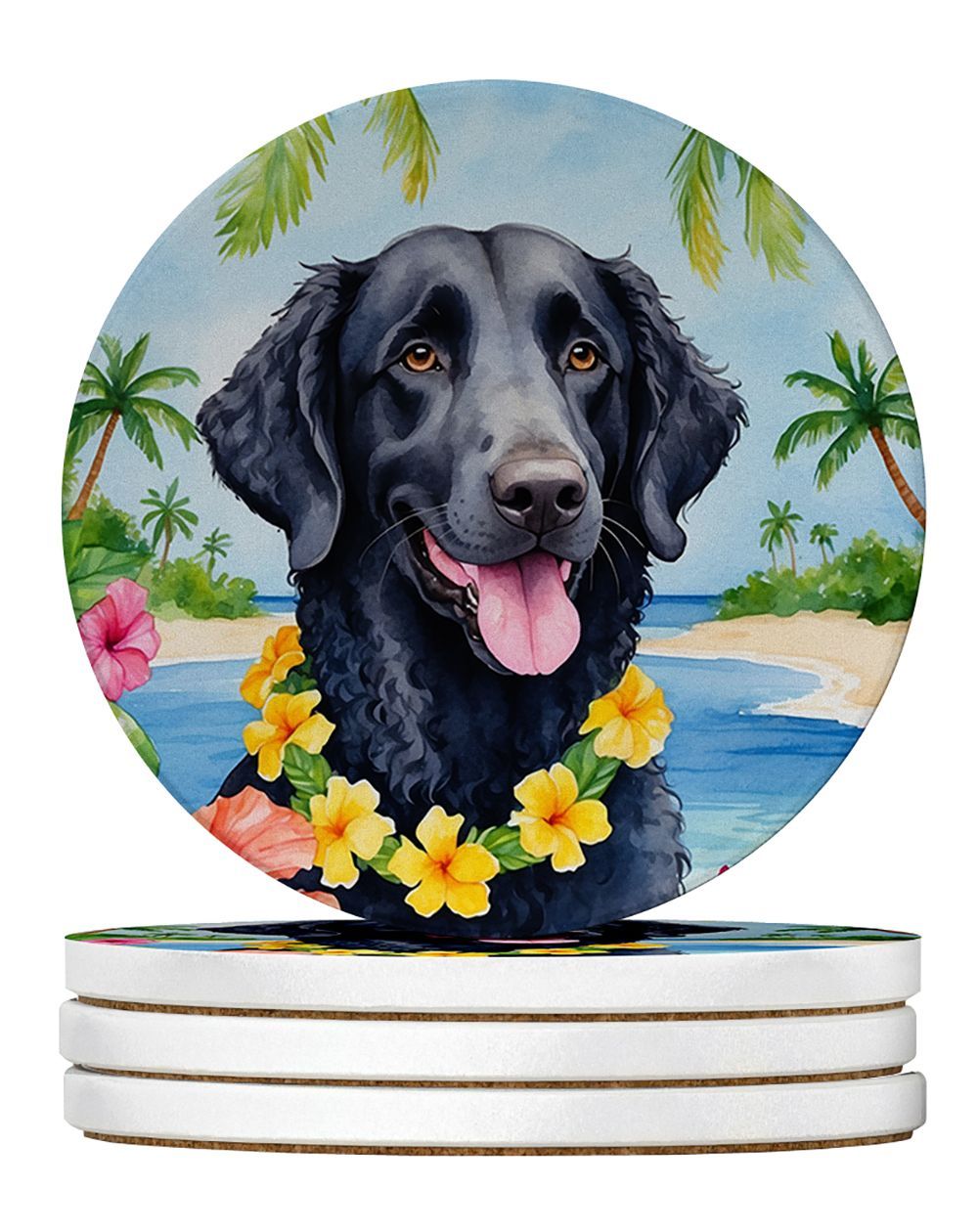 Curly-Coated Retriever Luau Large Sandstone Coasters Pack Of 4 Absorbent Round Coasters Decor Gifts For Men Or Women, 4 In, Multicolor_maomaolike.com