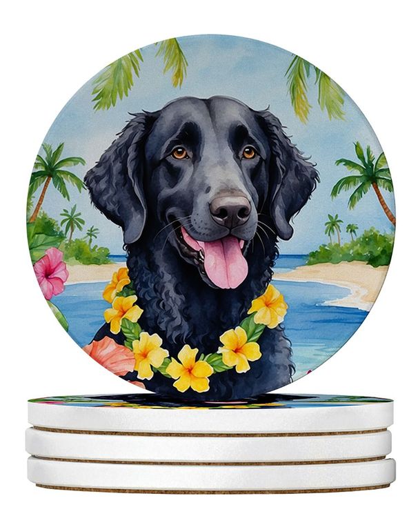 Curly-Coated Retriever Luau Large Sandstone Coasters Pack Of 4 Absorbent Round Coasters Decor Gifts For Men Or Women, 4 In, Multicolor_maomaolike.com
