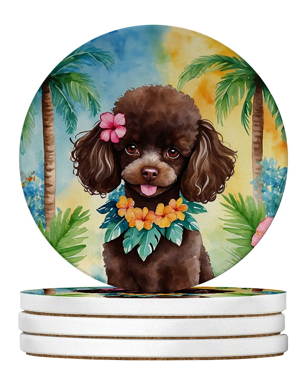 Chocolate Poodle Luau Large Sandstone Coasters Pack Of 4 Absorbent Round Coasters Decor Gifts For Men Or Women, 4 In, Multicolor_maomaolike.com