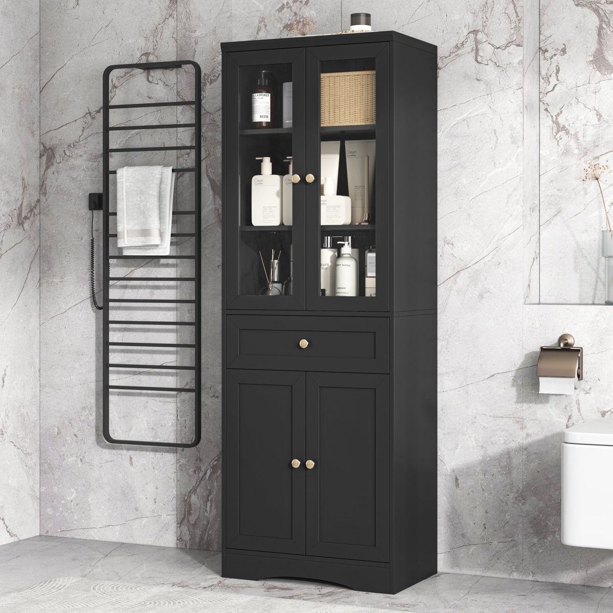 Tall Bathroom Storage Cabinet, Cabinet With Four Doors And Drawers, Adjustable Shelf, MDF Board_maomaolike.com