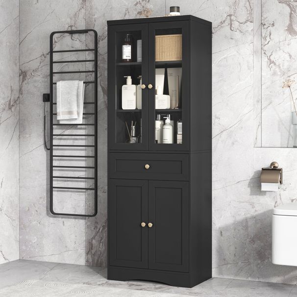 Tall Bathroom Storage Cabinet, Cabinet With Four Doors And Drawers, Adjustable Shelf, MDF Board_maomaolike.com