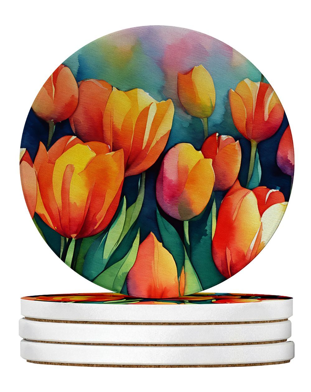 Tulips In Watercolor Large Sandstone Coasters Pack Of 4 Absorbent Round Coasters Decor Gifts For Men Or Women, 4 In, Multicolor_maomaolike.com