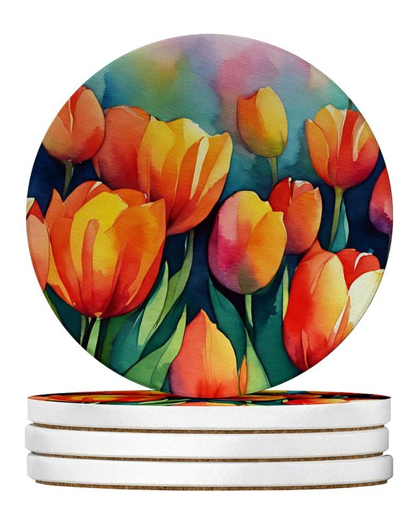 Tulips In Watercolor Large Sandstone Coasters Pack Of 4 Absorbent Round Coasters Decor Gifts For Men Or Women, 4 In, Multicolor_maomaolike.com