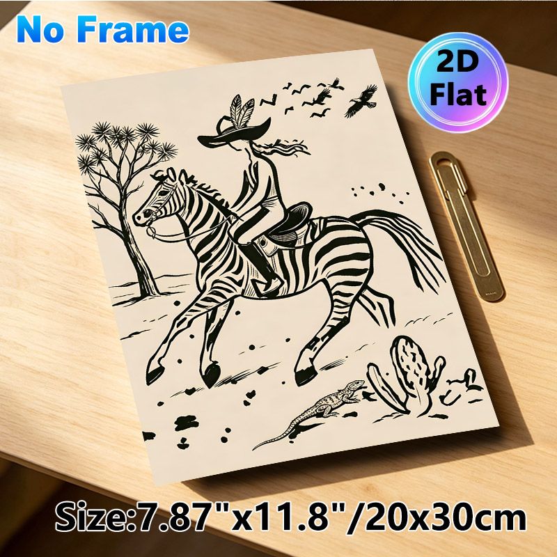 Western Cowboy Riding Zebra Painting Poster, Monochrome Linocut-style Wild Desert Scene Poster, Rustic Wild West Inspired Decor Ideal For Living Room_maomaolike.com